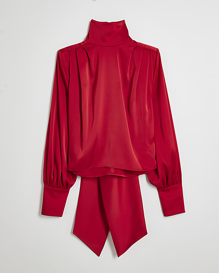 Red Funnel Neck Satin Top