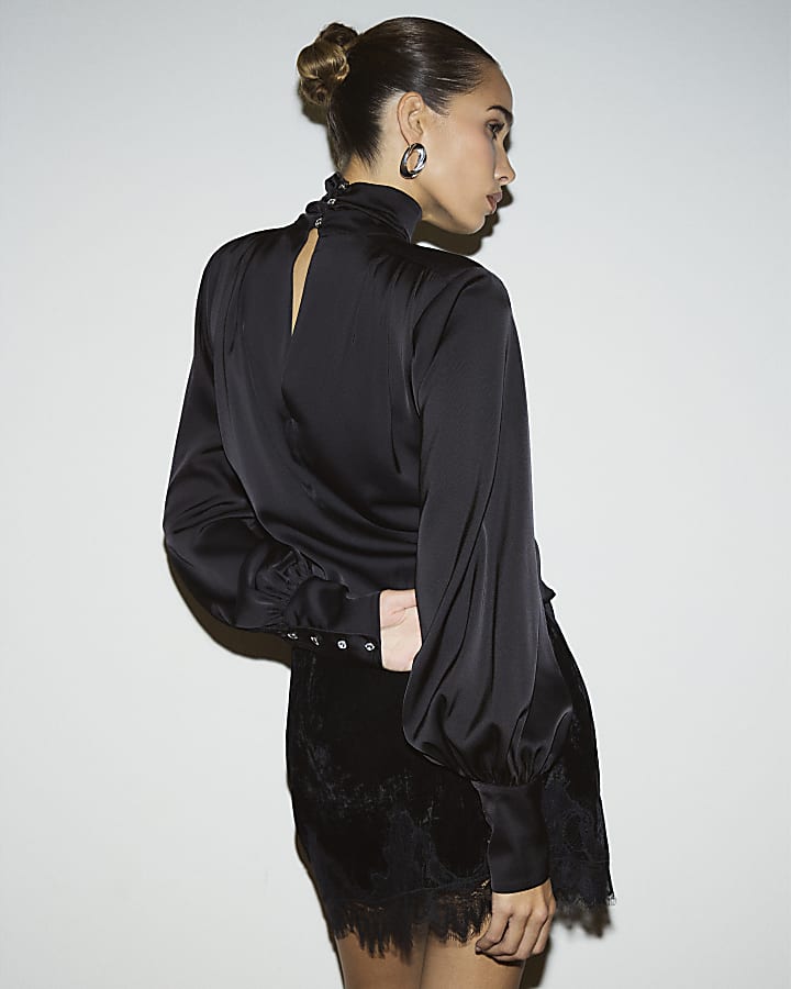 Black Funnel Neck Satin Top
