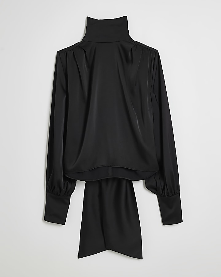 Black Funnel Neck Satin Top
