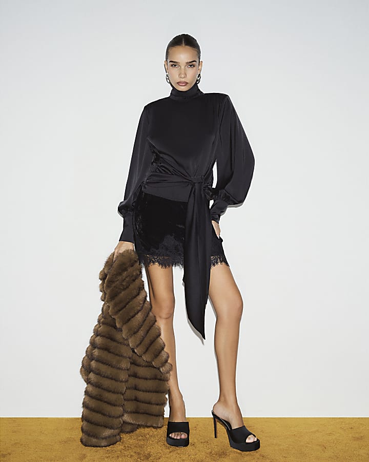 Black Funnel Neck Satin Top