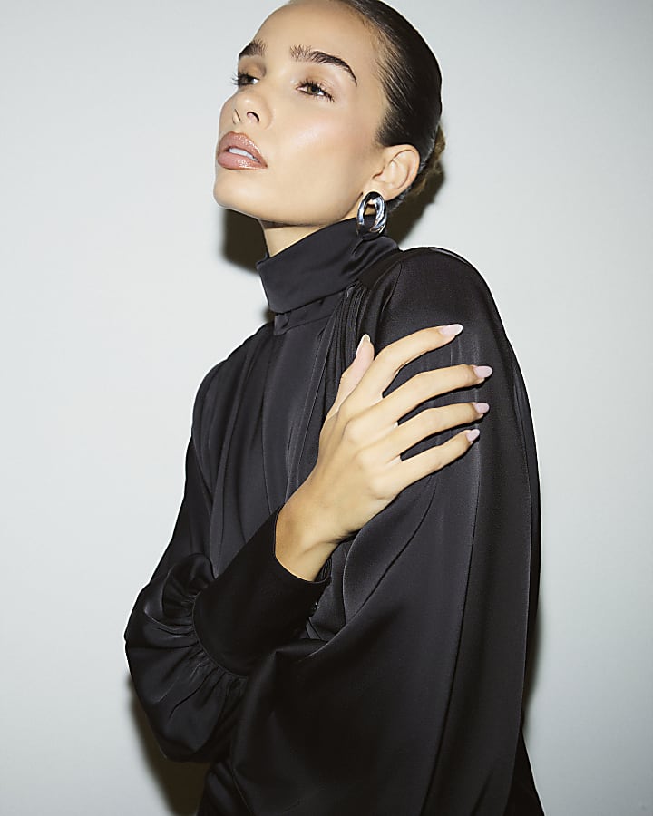 Black Funnel Neck Satin Top