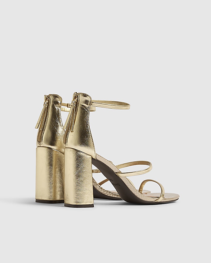 Gold Faux Leather Block Heel Sandals