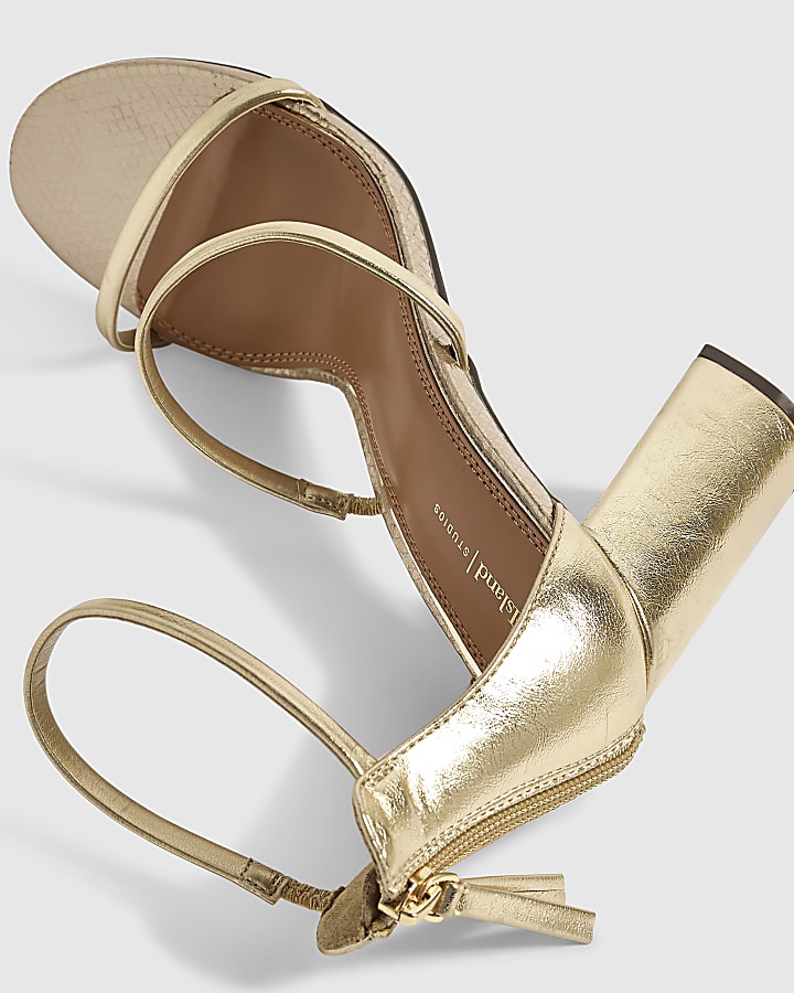 Gold Faux Leather Block Heel Sandals