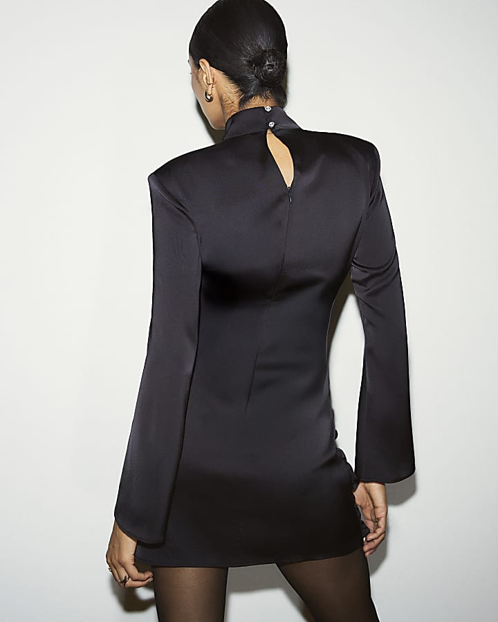 Black Long Sleeve Bow Detail Satin Mini Dress