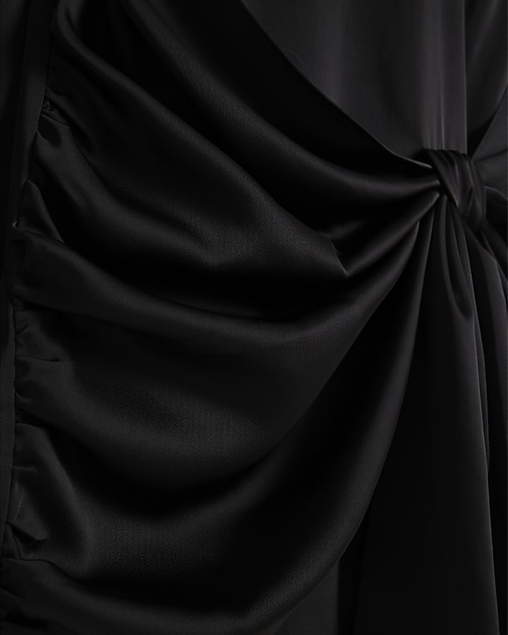 Black Long Sleeve Bow Detail Satin Mini Dress