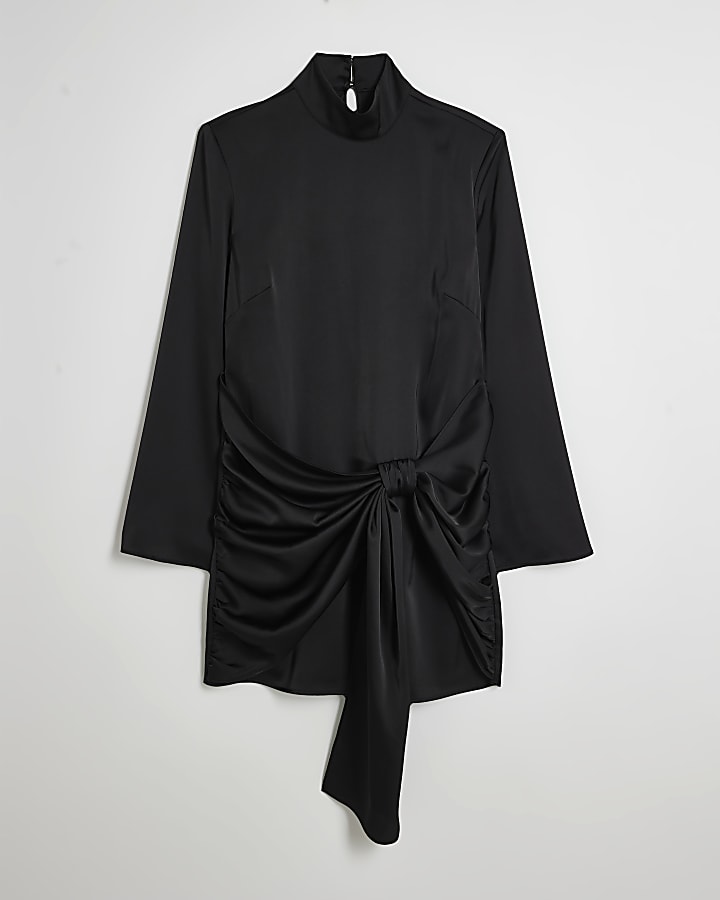 Black Long Sleeve Bow Detail Satin Mini Dress