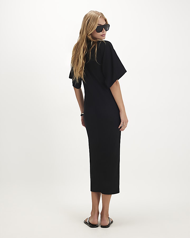 Black Short Sleeve Texture Batwing Maxi Dress