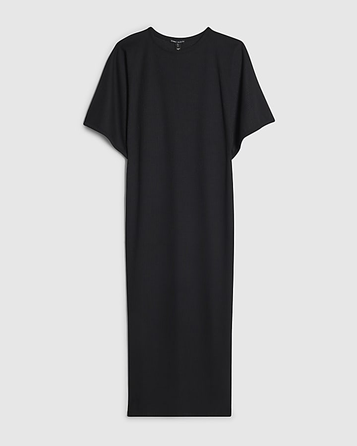 Black Short Sleeve Texture Batwing Maxi Dress