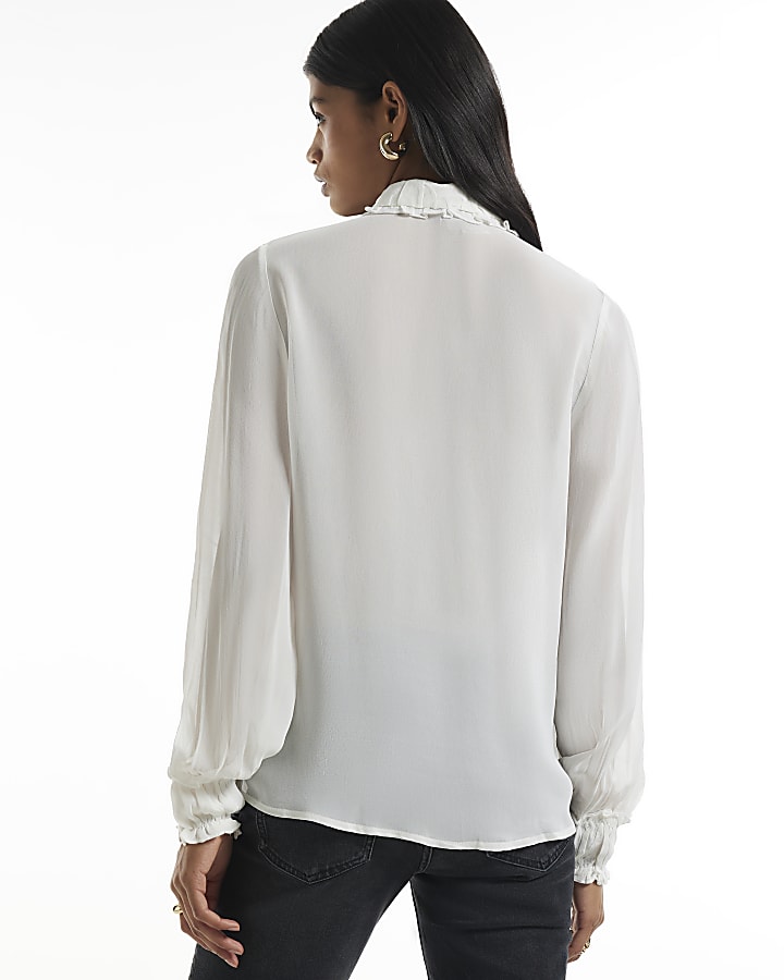 White Ruffle Contrast Tie Blouse