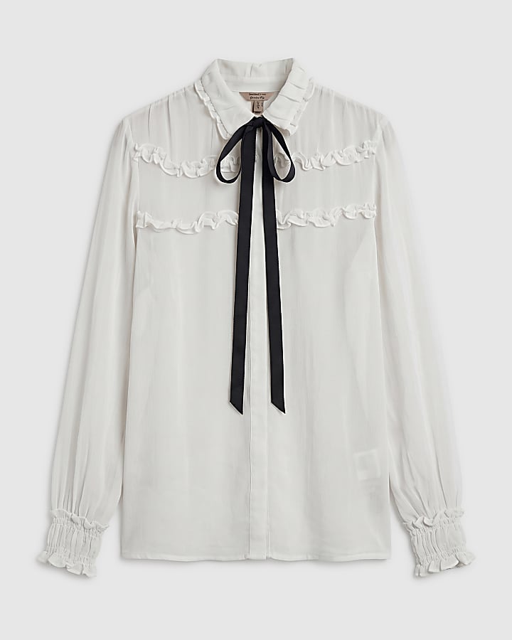 White Ruffle Contrast Tie Blouse