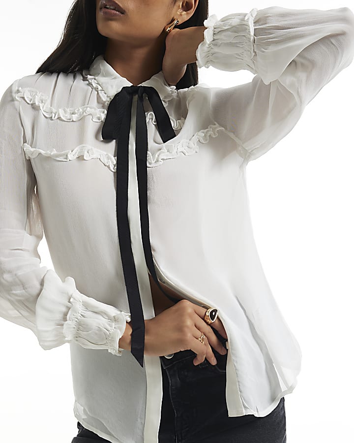 White Ruffle Contrast Tie Blouse