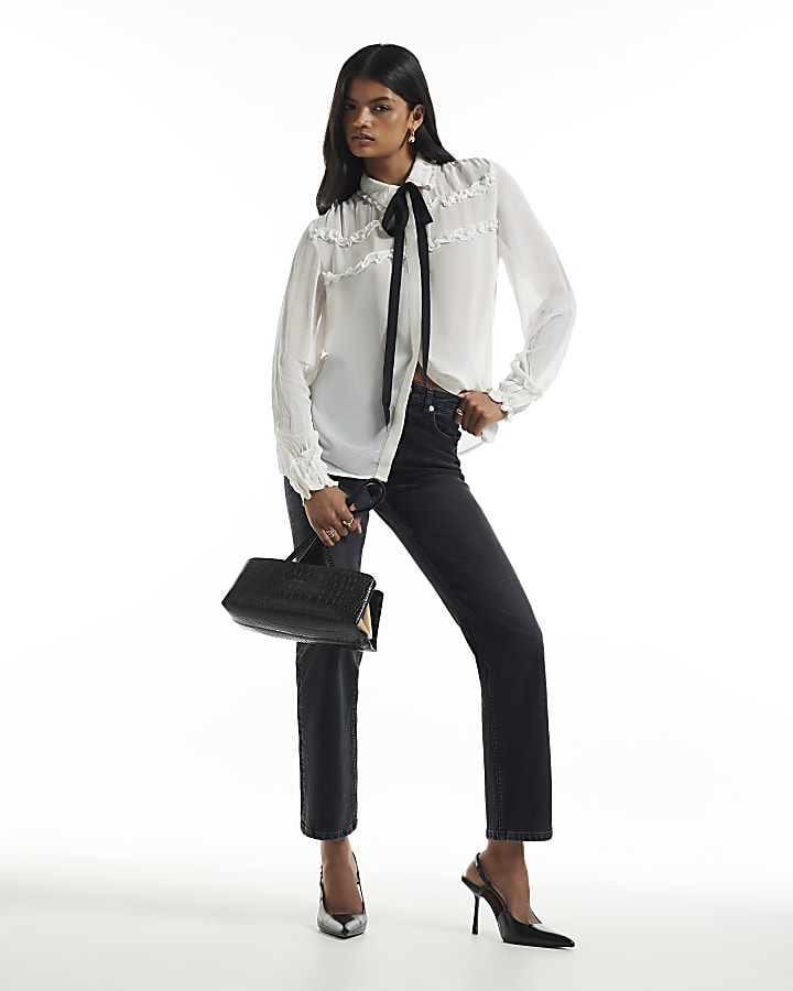 White Ruffle Contrast Tie Blouse