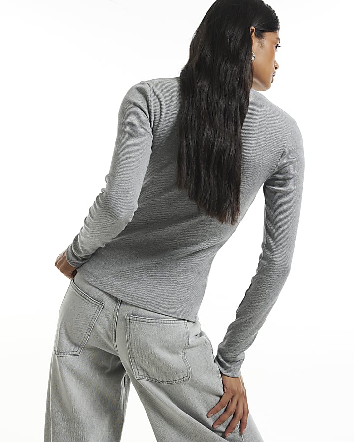Grey Ribbed Embellished Long Sleeve T-Shirt