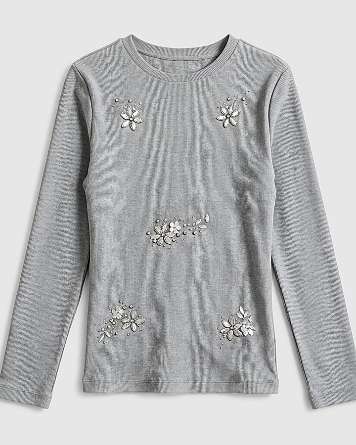 Grey Ribbed Embellished Long Sleeve T-Shirt