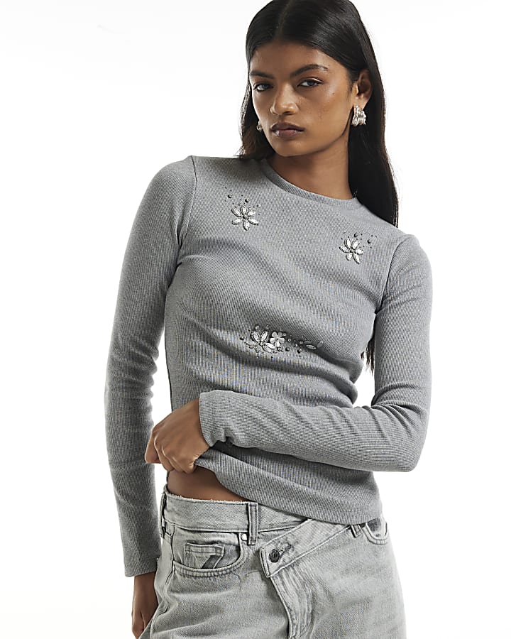 Grey Ribbed Embellished Long Sleeve T-Shirt