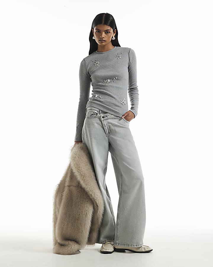 Grey Ribbed Embellished Long Sleeve T-Shirt