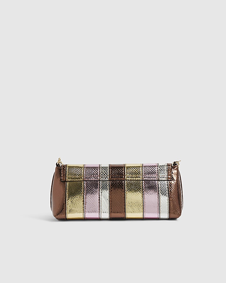 Bronze Metallic Bar Flap Front Clutch Bag