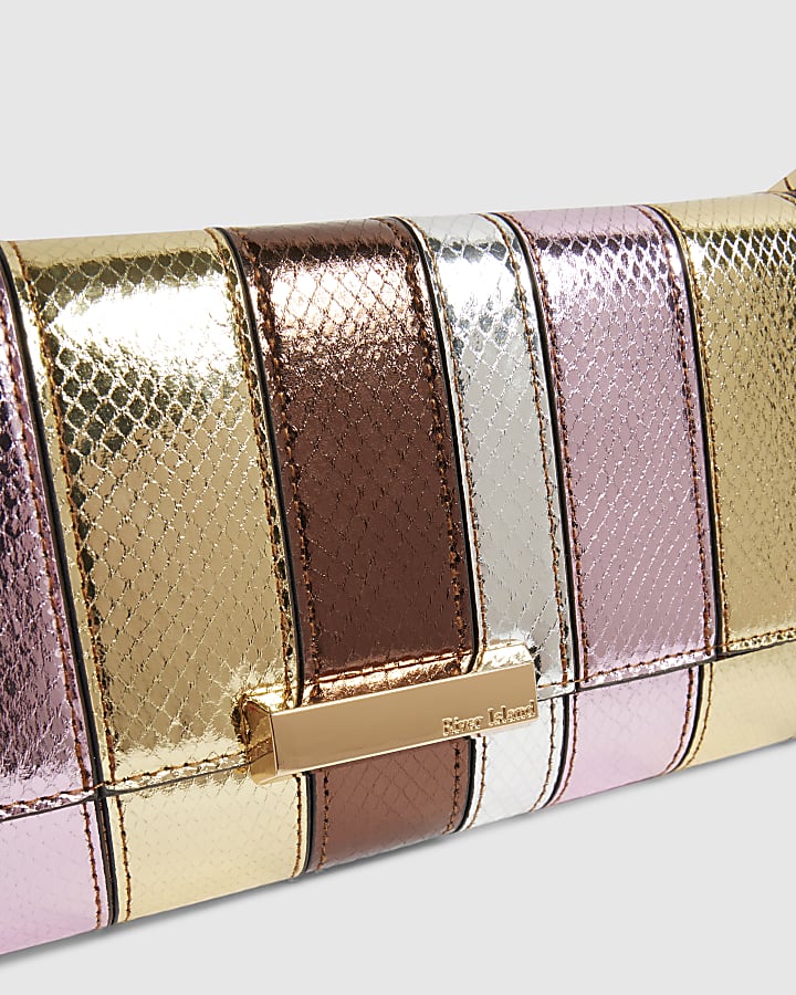 Bronze Metallic Bar Flap Front Clutch Bag