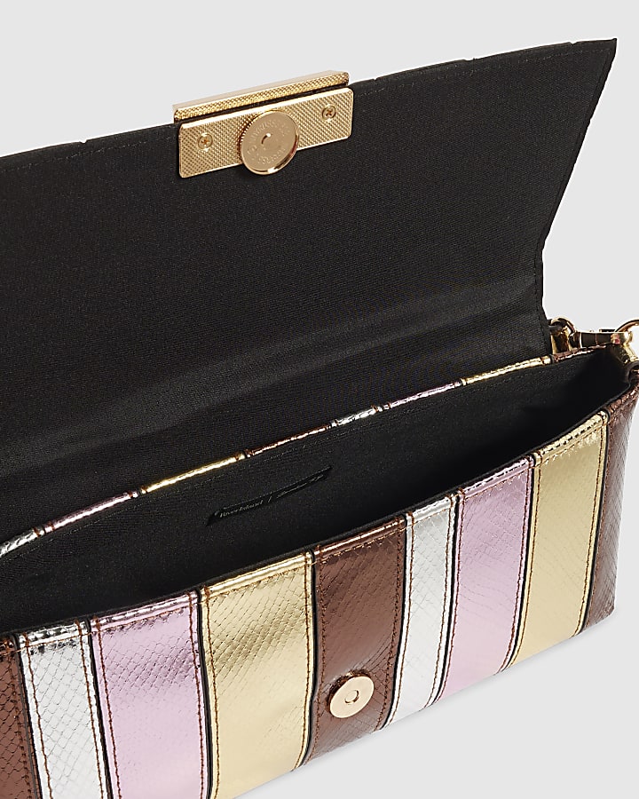 Bronze Metallic Bar Flap Front Clutch Bag