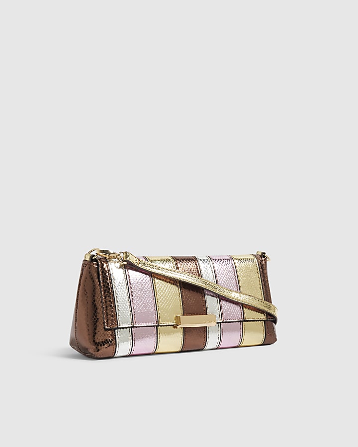 Bronze Metallic Bar Flap Front Clutch Bag