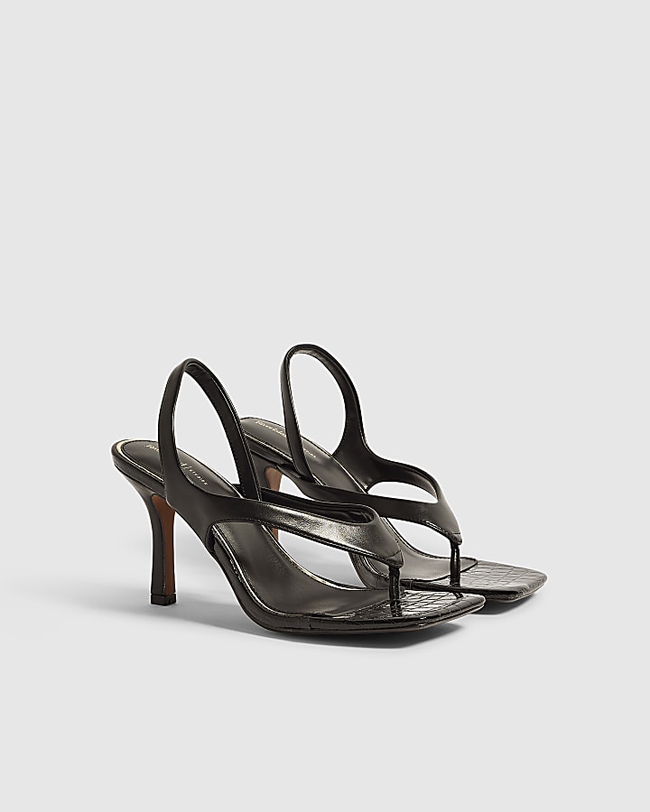 Black Toe Thong Heeled Sandals