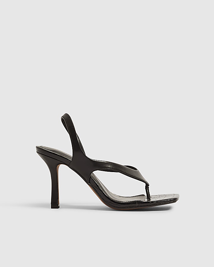 Black Toe Thong Heeled Sandals