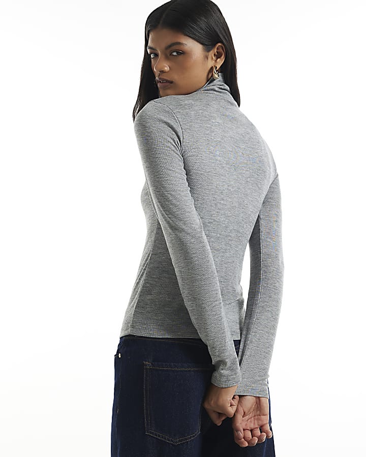 Grey Henley High Neck Button Long Sleeve Top