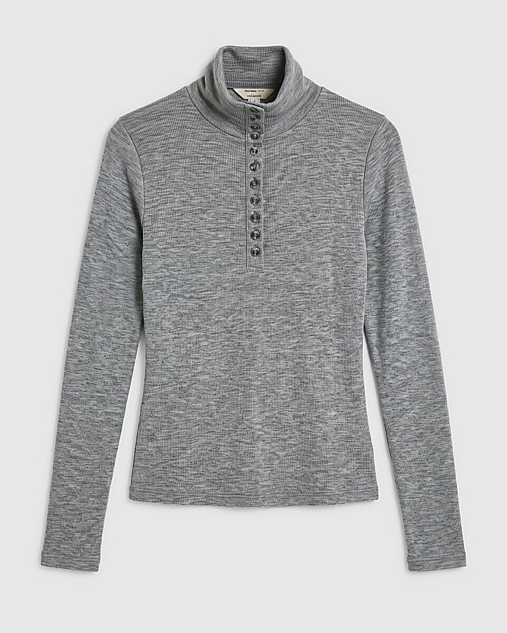 Grey Henley High Neck Button Long Sleeve Top