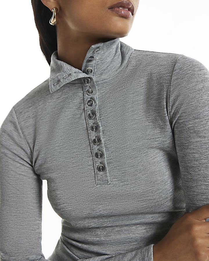 Grey Henley High Neck Button Long Sleeve Top