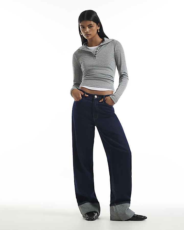 Grey Henley High Neck Button Long Sleeve Top