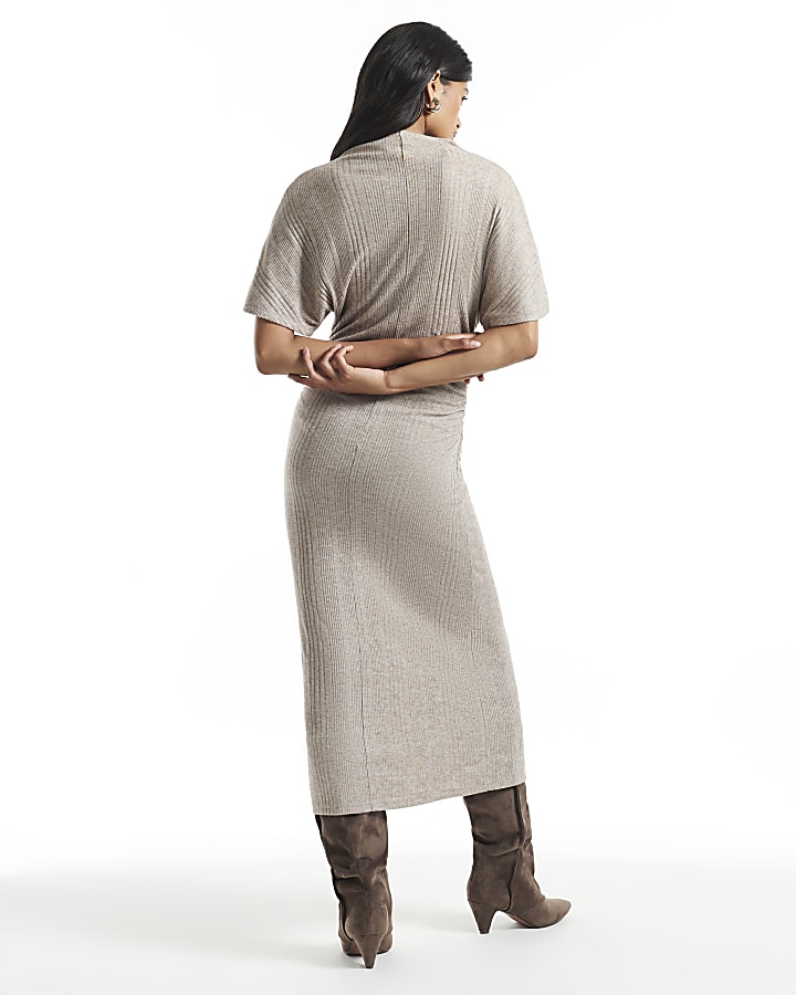 Beige Ribbed Short Sleeve Midi Dress