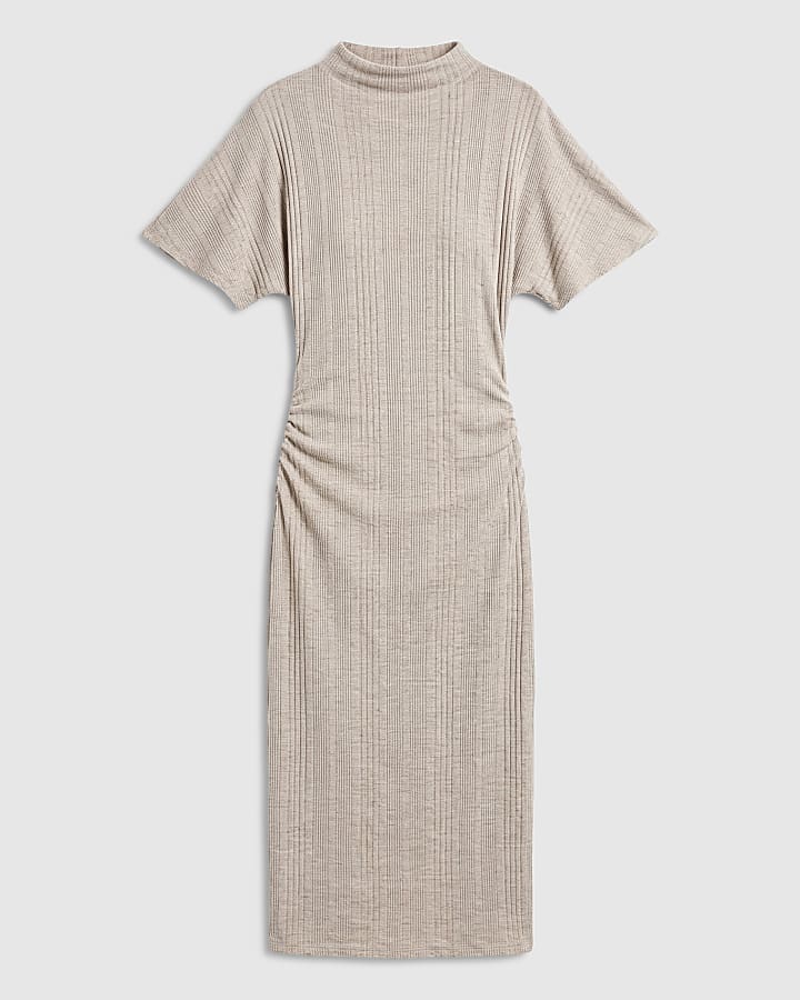 Beige Ribbed Short Sleeve Midi Dress