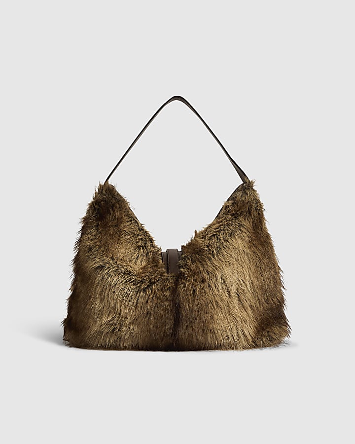 Brown Faux Fur Flap Buckle Corner Slouch Bag