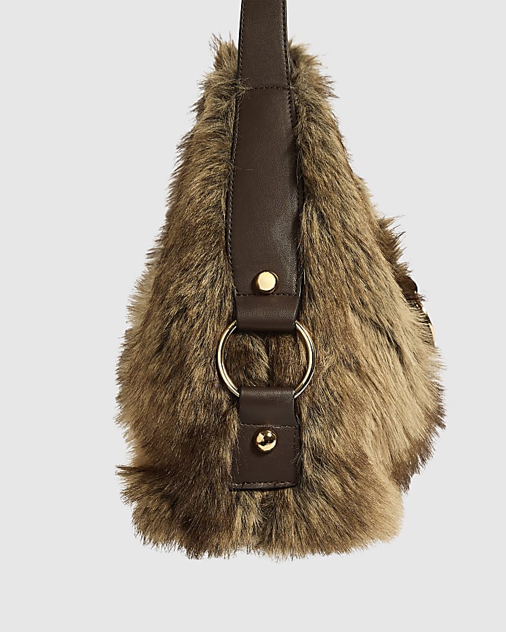 Brown Faux Fur Flap Buckle Corner Slouch Bag