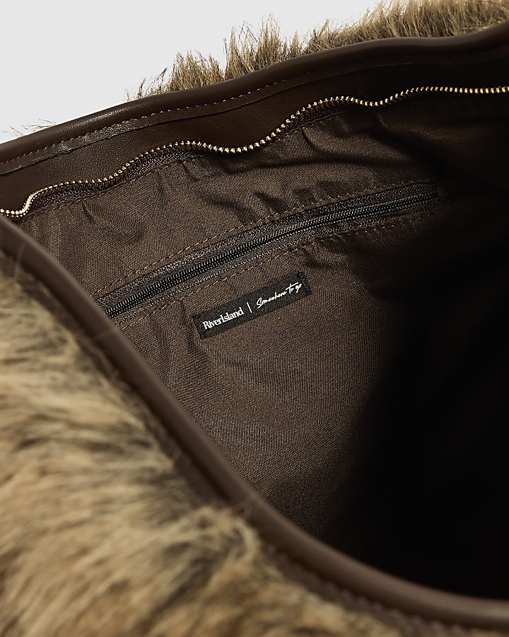 Brown Faux Fur Flap Buckle Corner Slouch Bag