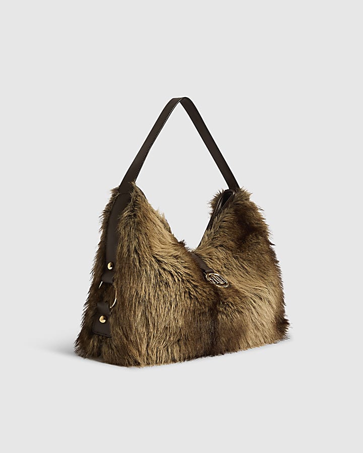 Brown Faux Fur Flap Buckle Corner Slouch Bag