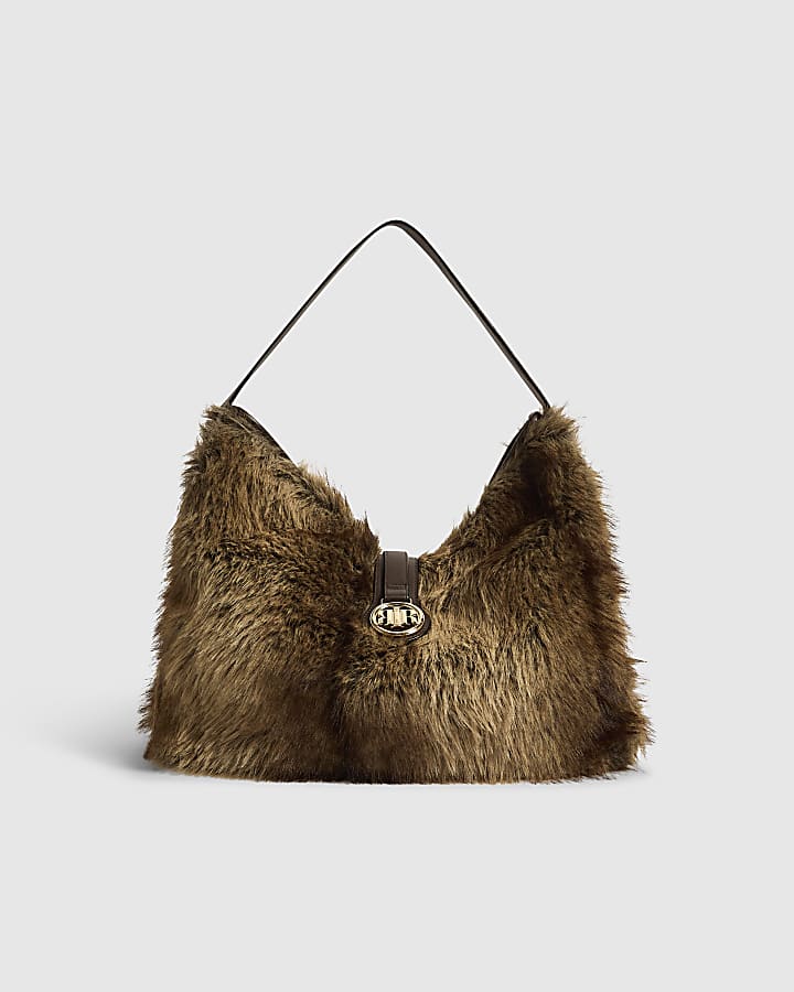 Brown Faux Fur Flap Buckle Corner Slouch Bag