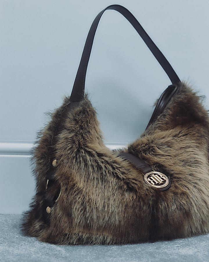 Brown Faux Fur Flap Buckle Corner Slouch Bag