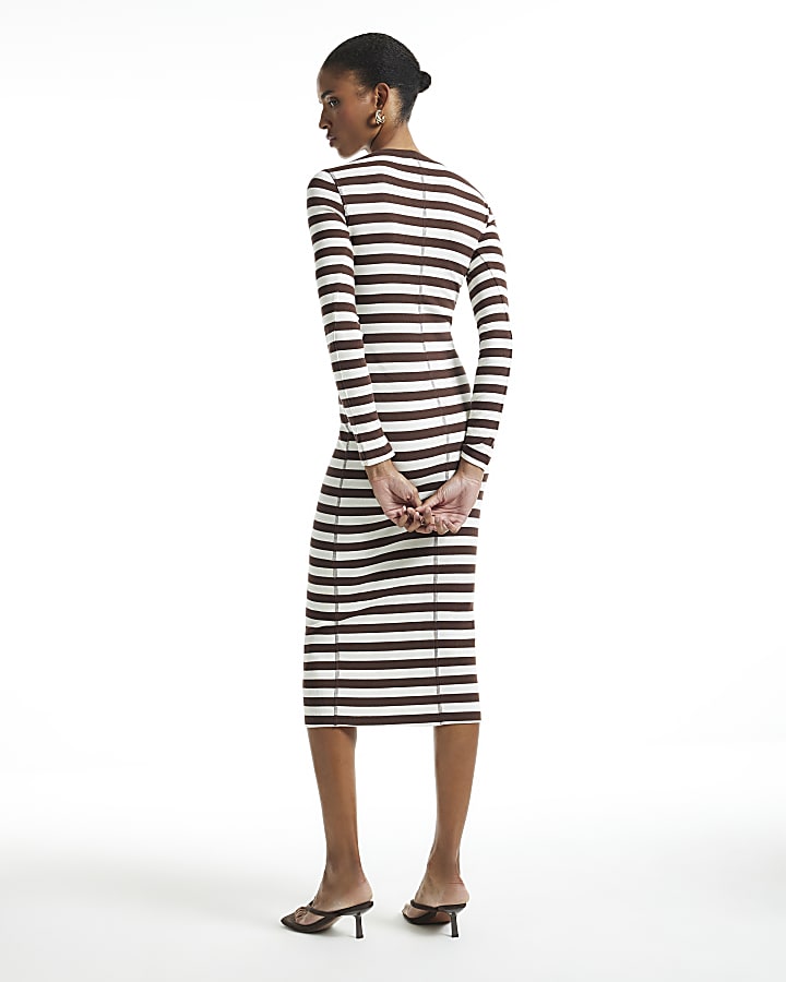 Brown Long Sleeve Stripe Rib Midi Dress