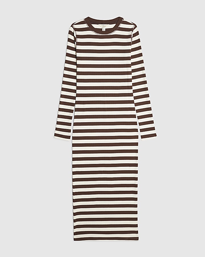 Brown Long Sleeve Stripe Rib Midi Dress