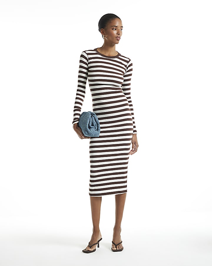 Brown Long Sleeve Stripe Rib Midi Dress