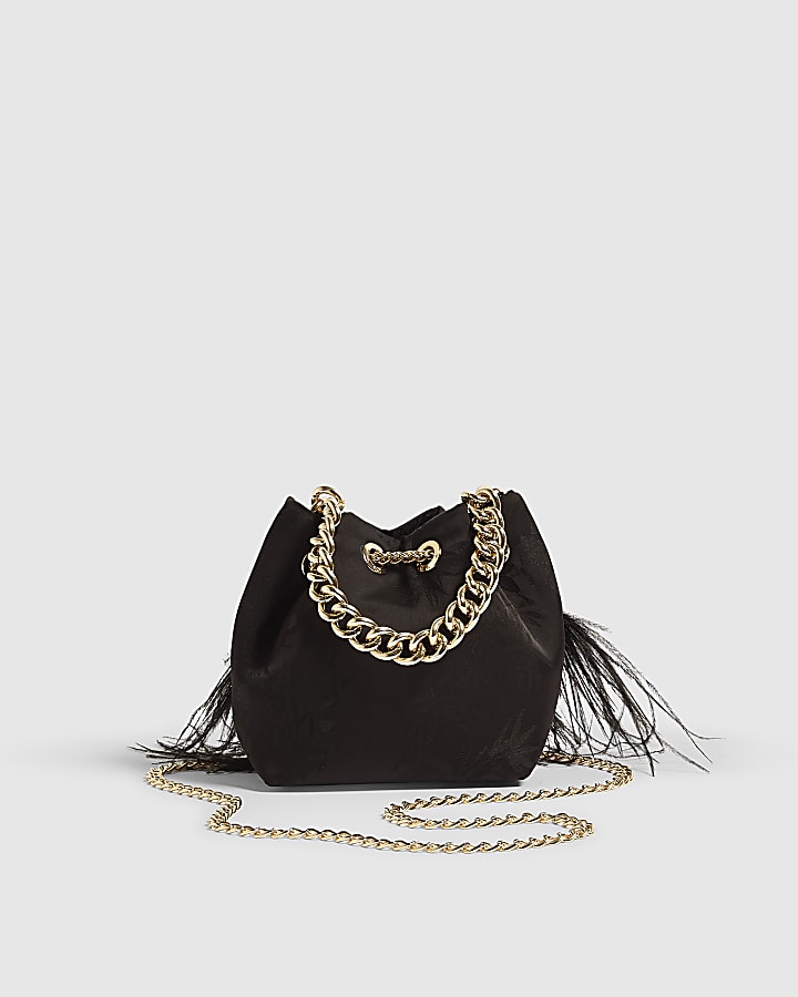 Black Floral Jacquard Gem Handle Feather Bag