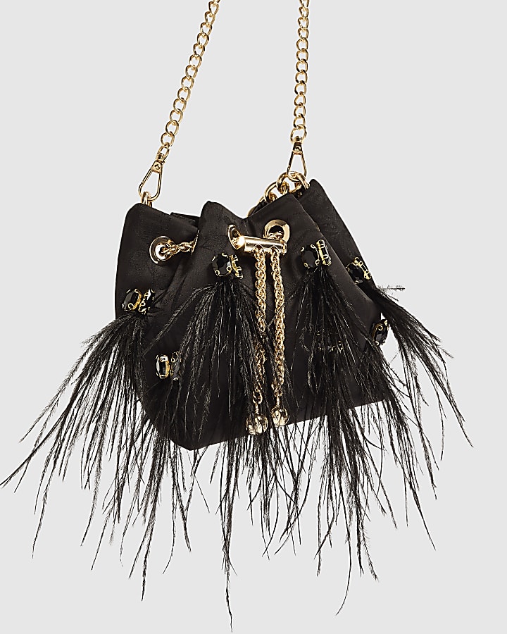 Black Floral Jacquard Gem Handle Feather Bag