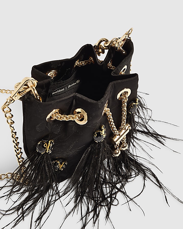 Black Floral Jacquard Gem Handle Feather Bag