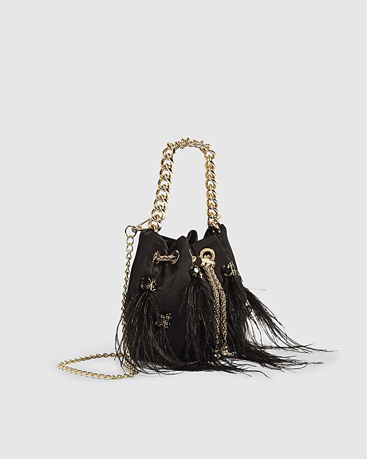 Black Floral Jacquard Gem Handle Feather Bag