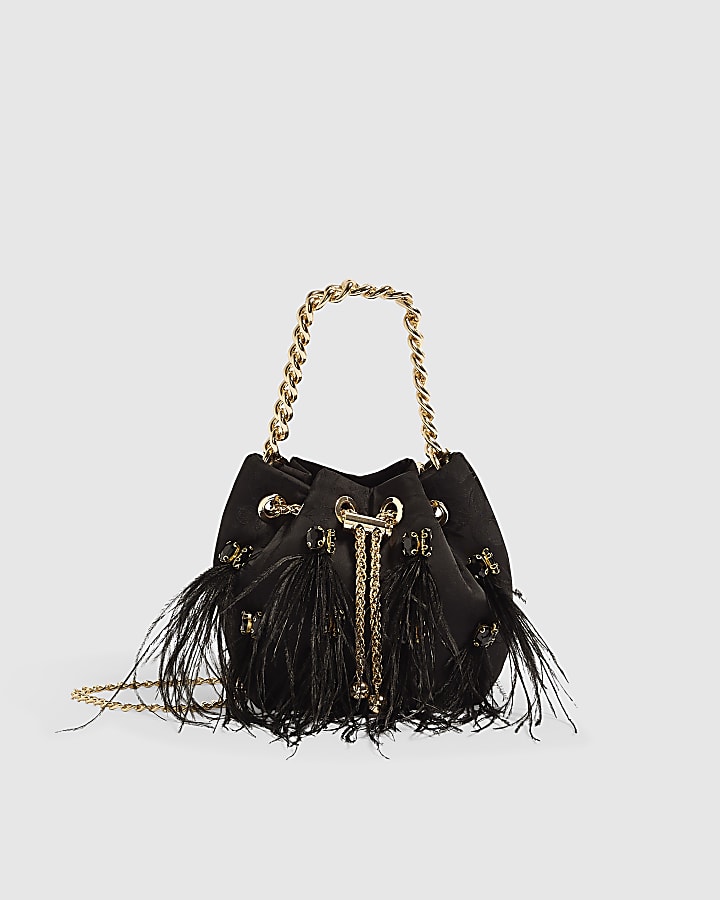 Black Floral Jacquard Gem Handle Feather Bag