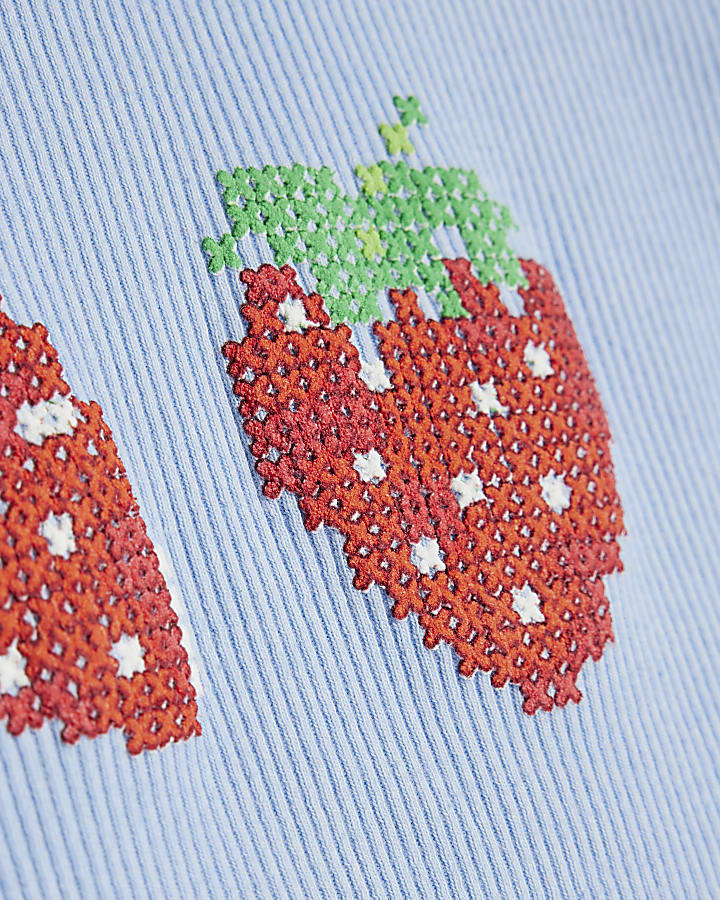 Blue Strawberry Cross Stitch Fitted T-Shirt