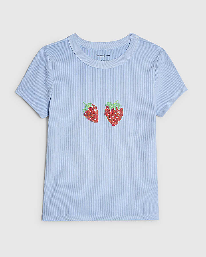Blue Strawberry Cross Stitch Fitted T-Shirt