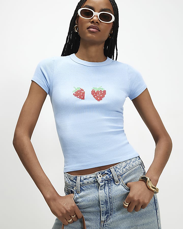 Blue Strawberry Cross Stitch Fitted T-Shirt