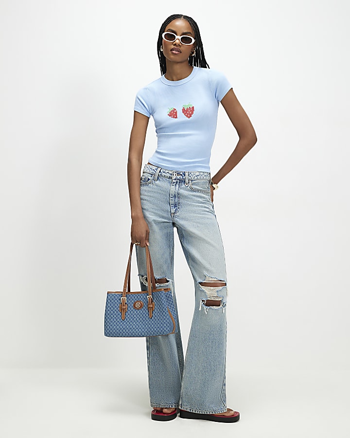 Blue Strawberry Cross Stitch Fitted T-Shirt